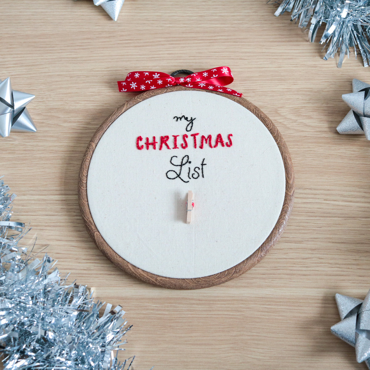 6-inch Hand Embroidered 'My Christmas List' hoop with peg